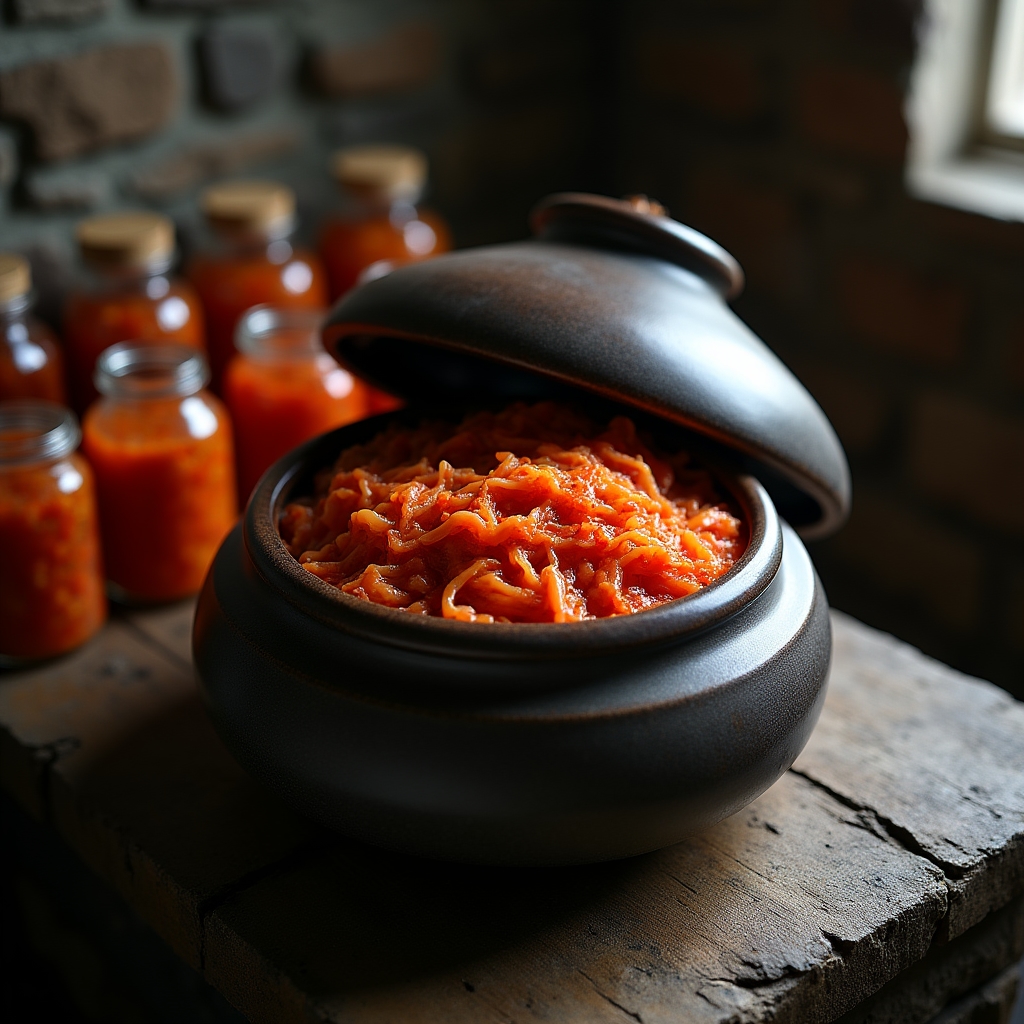 Tightly packed kimchi in a traditional ceramic fermentation jar with red chili paste visible