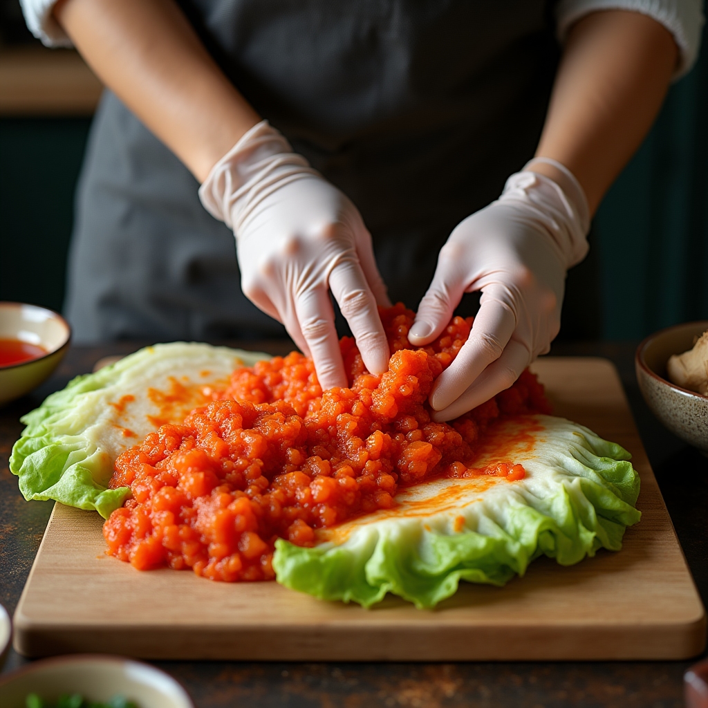 Hands preparing kimchi with vegetables and spices on a wooden board